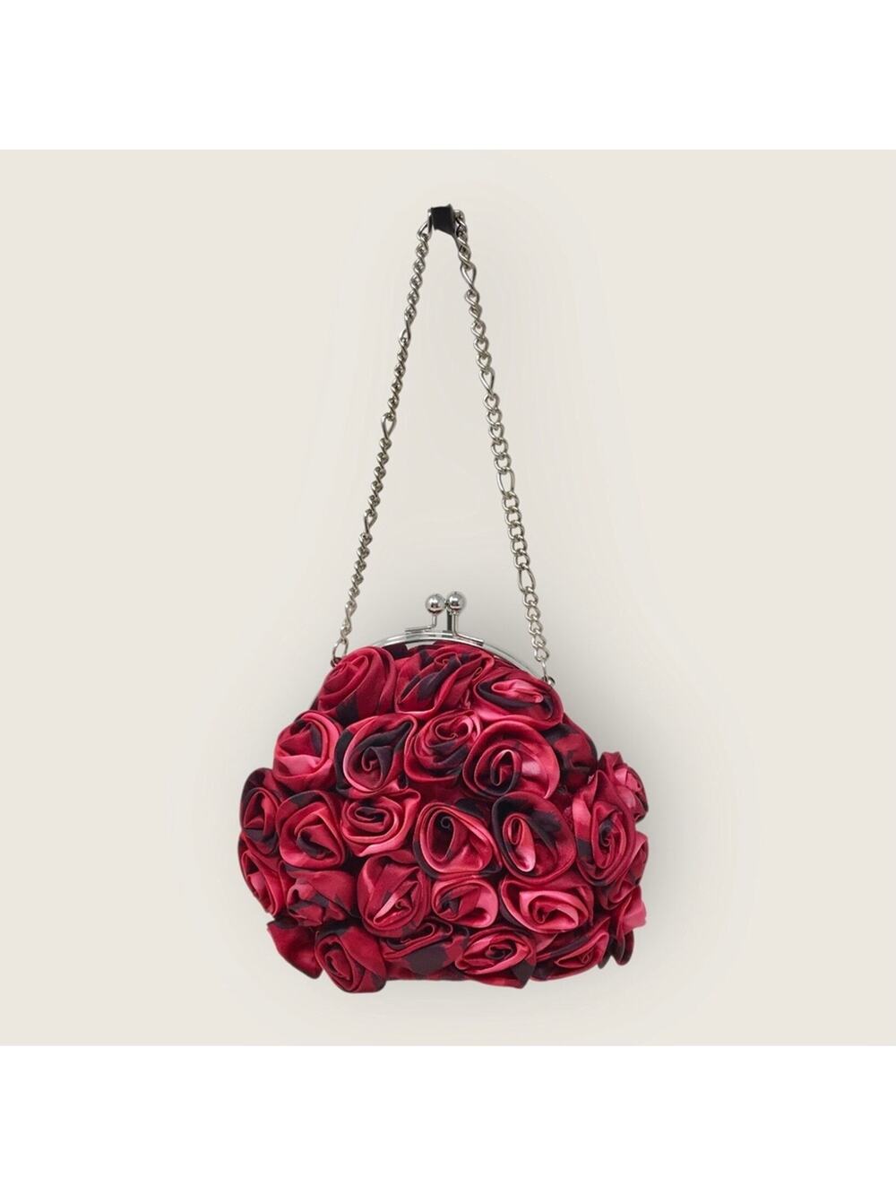 WHBM Rose Embellished Clutch Purse Small Pink & Red Floral Satin Handbag